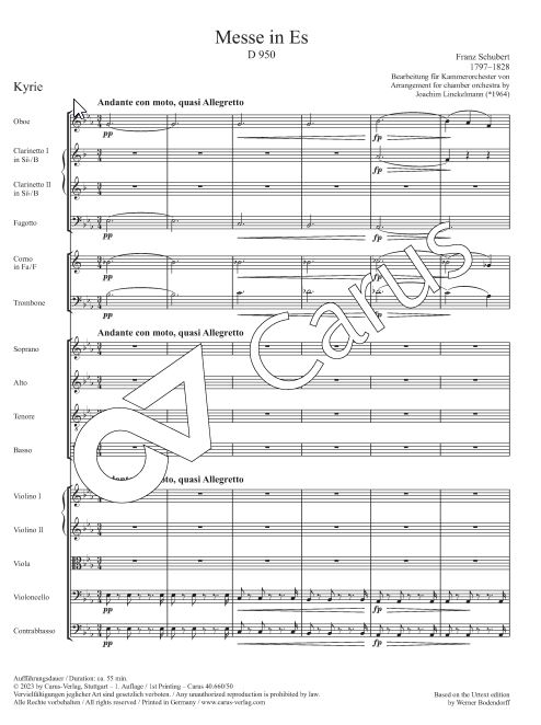 Messe in Es D 950 - Bearbeitung für Kammerorchester